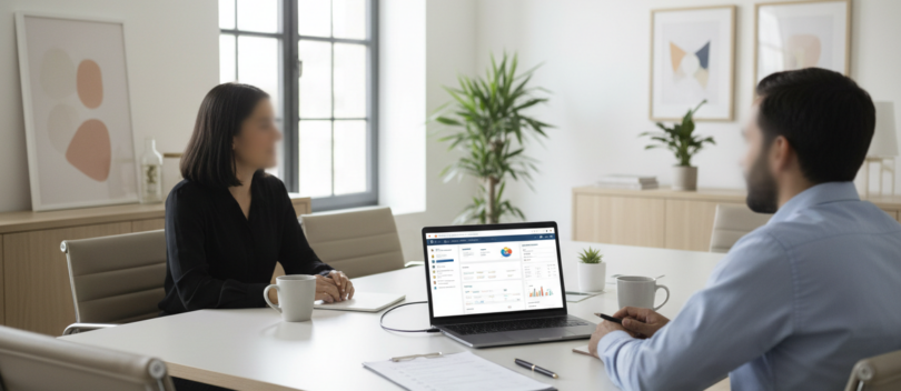 Συνάντηση σε γραφείο με laptop που εμφανίζει dashboard ηλεκτρονικής τιμολόγησης και checklist στο τραπέζι.